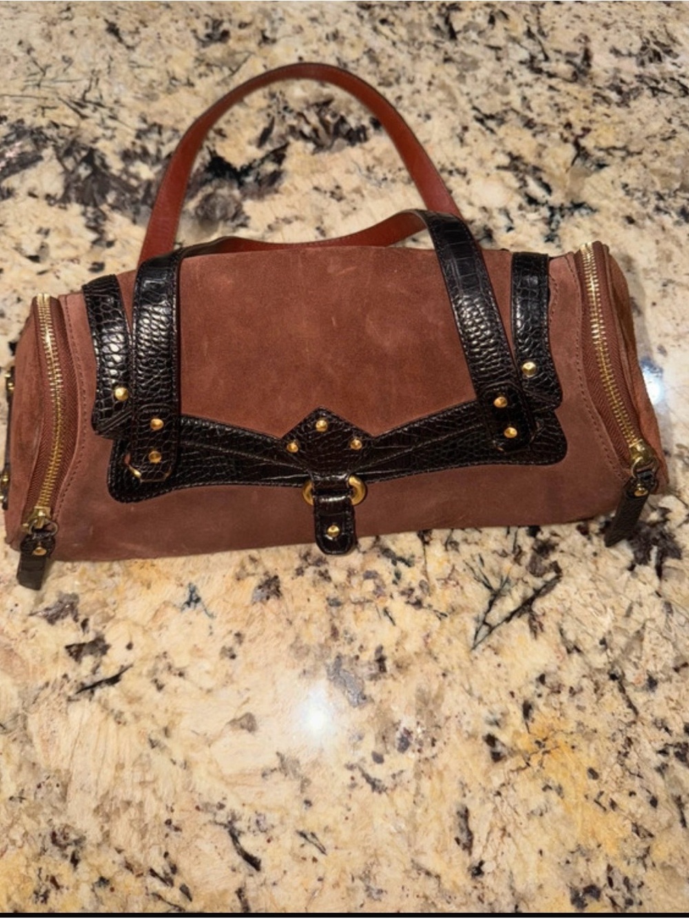 Cole Haan Brown Suede Shoulder Bag with Black Trim